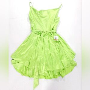 B. Darlin Satin Cowlneck Tiered Fit & Flare Mini Dress Lime Juniors Size 3/4 NWT